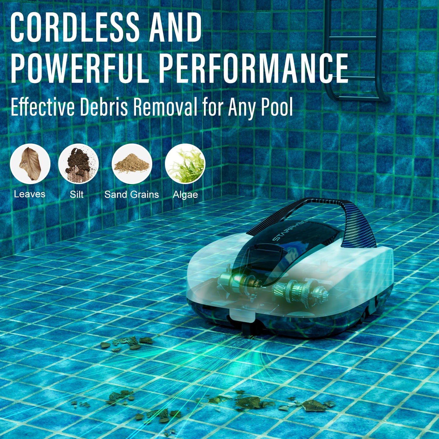 Starrybot Cordless Robotic Pool Cleaner for Above-Ground Pools - 150 Mins Runtime, Self-Parking Technology, Cleans Up to 900 Sq.Ft Starrybot